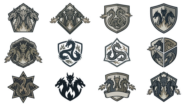 Dark hydra and dragon crests on shield shapes.