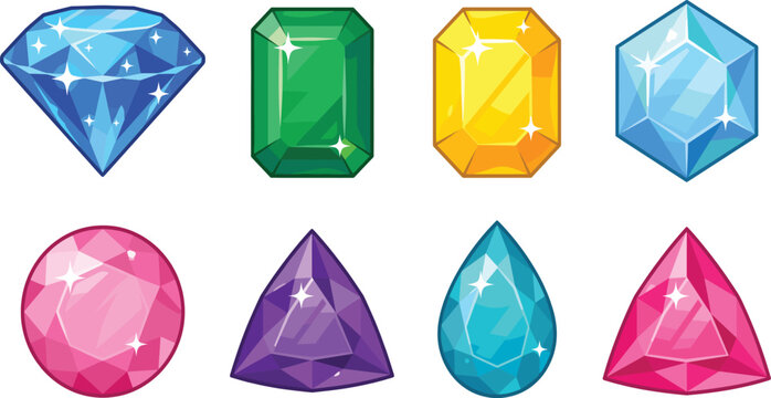 Colorful precious gemstone collection featuring diamond emerald sapphire ruby amethyst and crystal jewel vector illustration isolated on white background