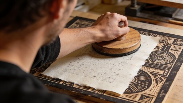 Artist Hand Using Baren for Woodblock Relief Printing
