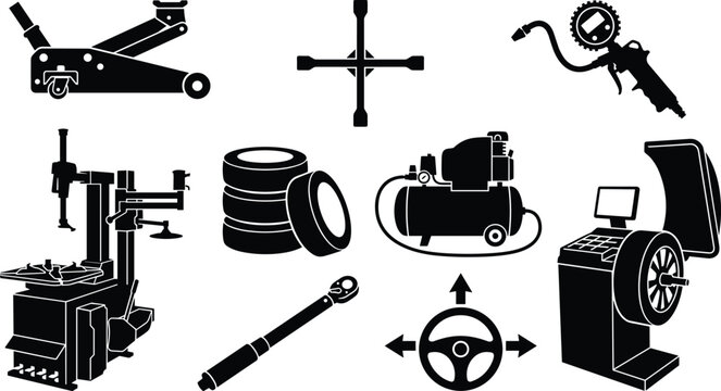 Automotive Tire Service and Wheel Repair Shop Silhouette Icon Set Featuring Car Jack Lug Wrench Air Compressor Balancer and Changer Tools
