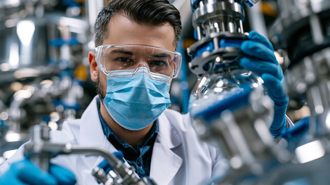 Food scientist examines mycoprotein fermentation culture growth inside a bioreactor viewport at a plant-based food startup facility, fermented fungi biomass destined for meat-alternative product lin