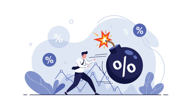 Businessman attempting to defuse a large ticking bomb marked with a percentage sign to symbolize managing financial risks and interest.