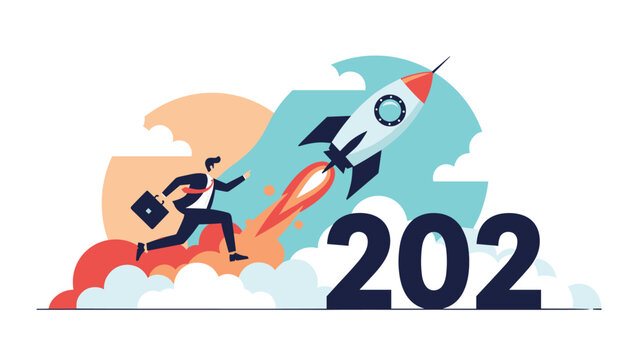 Businessman running alongside a launching rocket and large numbers 202 representing a fast start and growth in the new year.