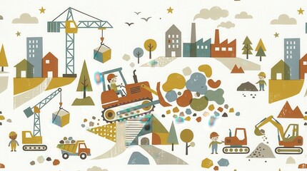 Naklejka premium Workers operate construction machinery to build homes, factories in lively industrial scene