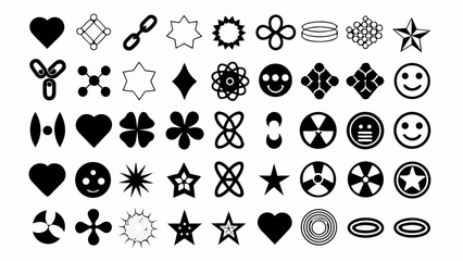 Fototapeta premium Collection Of Black Flat Icons Featuring Hearts Stars And Geometric Shapes On White Background abstract aesthetic