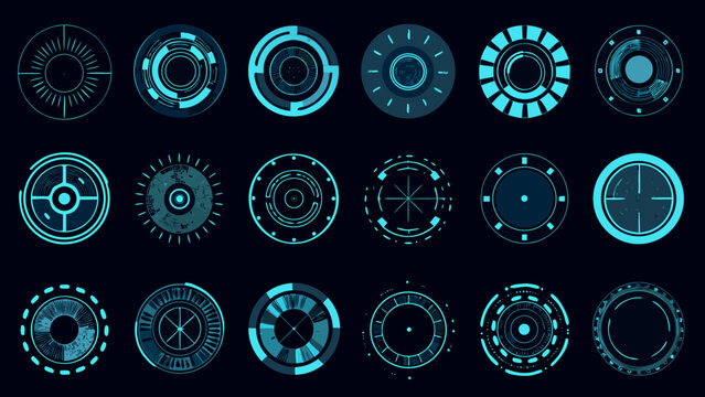 Collection Of Circular Interface Icons With Radial Designs Teal And Dark Blue Color Scheme graphic design