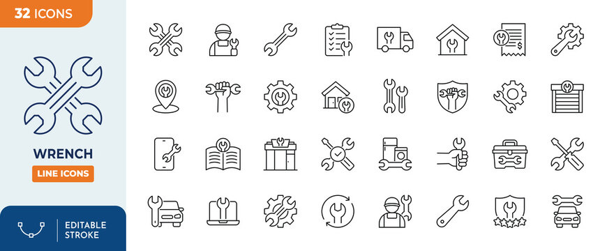 Wrench line editable icon set. Editable stroke. Vector illustration