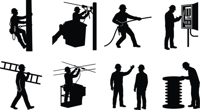 Set of black silhouettes of industrial electricians and utility lineworkers maintaining electrical power grid infrastructure