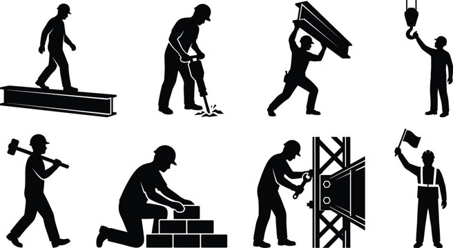 Set of black silhouettes of construction workers and industrial builders executing various structural site tasks
