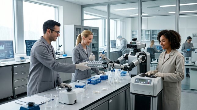 Pharma Research Team Working With Intelligent Robot In Contemporary Lab