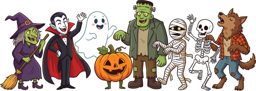 Happy halloween day cartoon monsters witch vampire ghost frankenstein mummy skeleton and werewolf