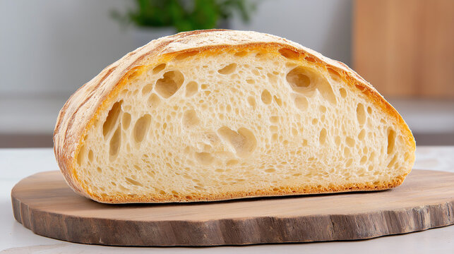 Slicing a freshly baked sourdough loaf on a wooden cutting board, golden-brown exterior to reveal the airy, soft crumb inside.
