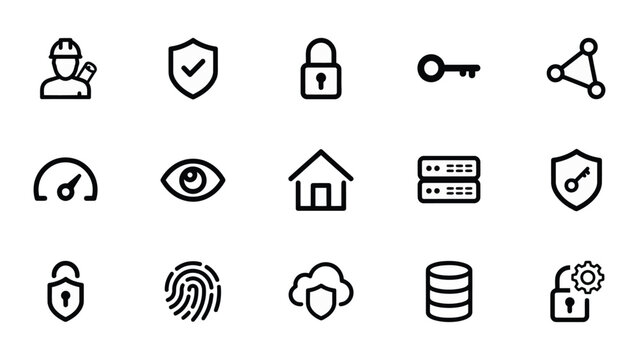 Security and Data Icon Set, Engineer Shield Lock Server Network and Privacy Outline Symbols