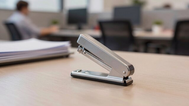 Stapler wooden desk office setting foreground background blurred appears other desks chairs visible there pers