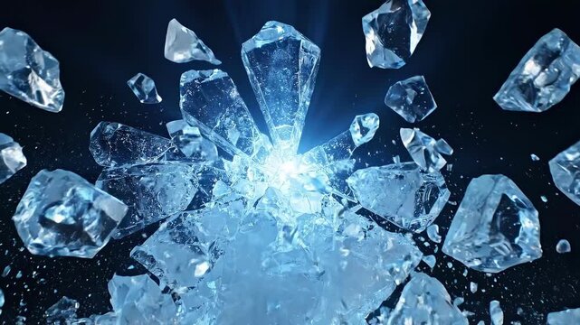 Exploding Ice Crystals with Bright Light Burst in Dark Background.