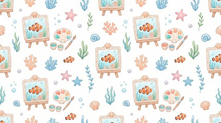 Fototapeta premium Watercolor marine life with clownfish on easels, coral, shells, art supplies
