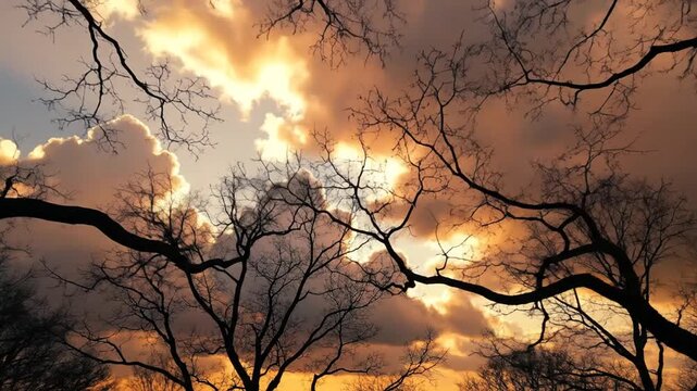 Silhouetted leafless trees standing against a dramatic and brightly lit cloudy sky. Factual view of bare winter branches against high contrast backlighting and stormy clouds.