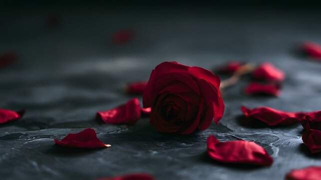 A solitary red rose rests on stone evoking beauty melancholy and a quietly dramatic emotional scene