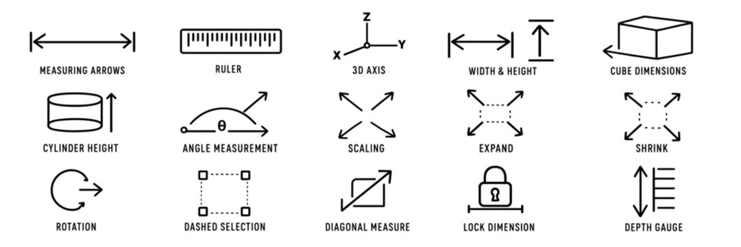 Geometric measurement icons set including ruler 3D axis and various dimension tools