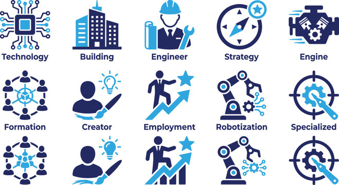 Industrial technology and human resource icon collection with engineering building strategy and robotics.