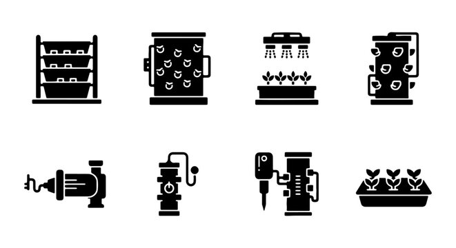 Hydroponic Systems Icons, Vertical Farming Equipment, Aeroponic Grow Racks, Smart Agriculture Technology