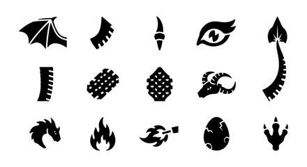 Fototapeta premium Fantasy Dragon Elements Collection, Mythical Creature Icons, Magical Beast Symbols, Black Vector Graphics