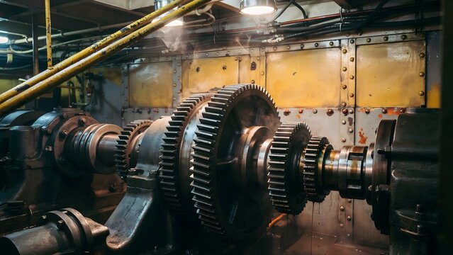 Industrial Gear System with Large Metal Gears and Mechanical Components