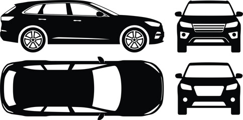 SUV car silhouette collection, side front top view automobile vector illustration isolated transportation vehicle design set icons © Ara