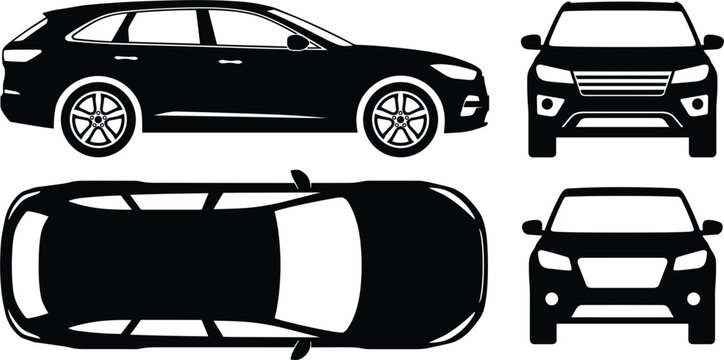 SUV car silhouette collection, side front top view automobile vector illustration isolated transportation vehicle design set icons