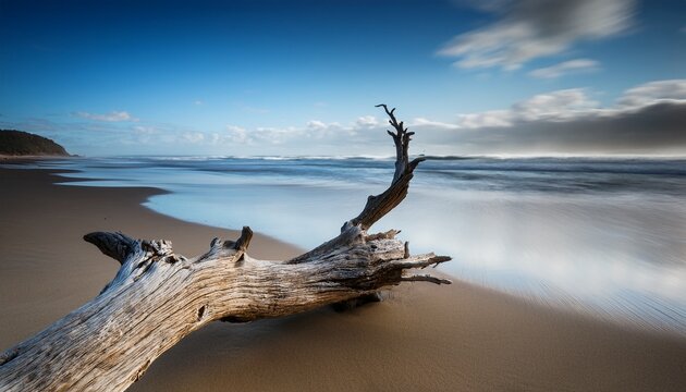 surreal driftwood on serene beach