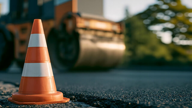 Orange traffic cone on fresh asphalt with blurry road roller compactor working in background
