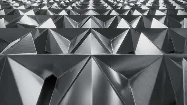 Rows of metallic gray five-pointed stars forming a repeating geometric pattern with sharp angular surfaces and brushed metal texture in a receding perspective view.