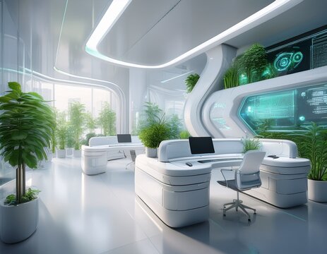 white futuristic business office bureau with smart technologies and green plants generative ai