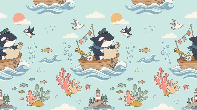 Cartoon killer whale captain in a boat with a map, sailing on the sunny ocean with fish and coral