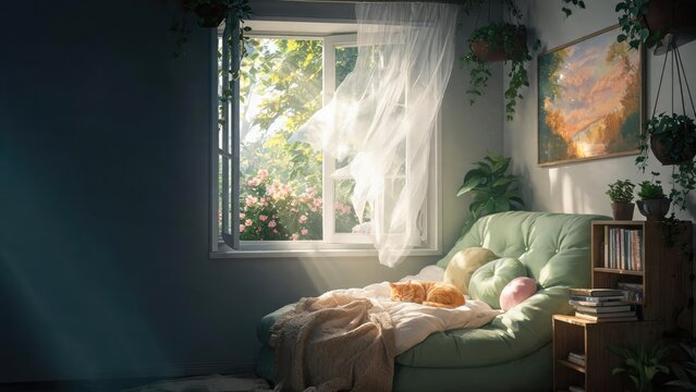 Cozy hybrid work home office with sunlight streaming through window, sleeping cat on mint sofa, potted plants, bookshelves, peaceful remote workspace