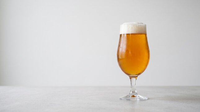 Cold Golden Craft Beer in Elegant Tulip Glass Isolated on Minimal White Background with Copy Space for Beverage Advertising and Branding