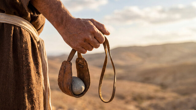 Hand holding David's sling with a stone, ready for the iconic David versus Goliath battle in the desert
