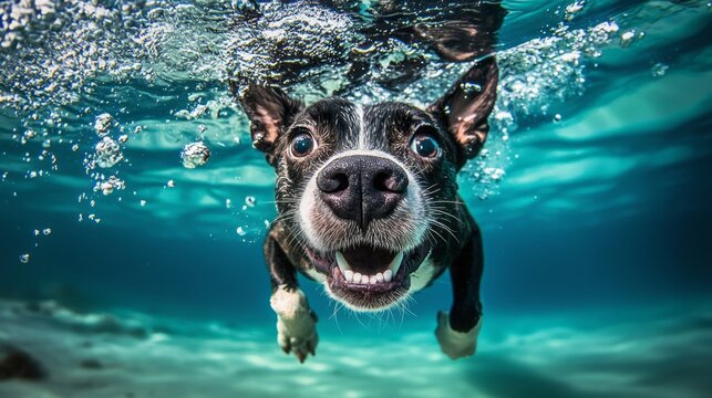 A daring dog dives gracefully in crystal-clear summer waters.