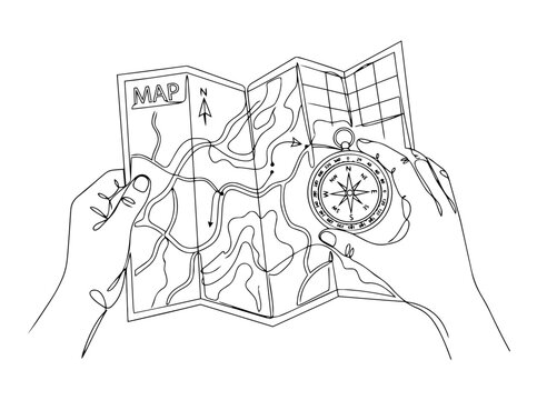 Continuous line art illustration of hands holding a navigation map and a magnetic compass isolated on a white background.