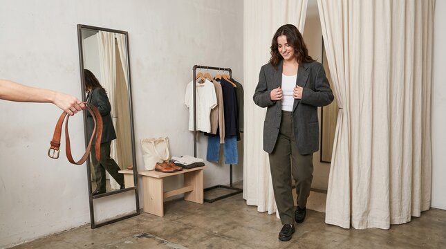 Thrift fitting room editorial with blazer try on and curated resale mood