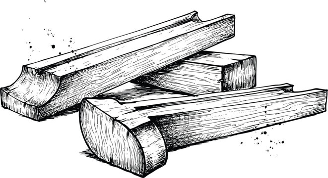 Vintage engraved wooden log beam collection, rustic timber lumber sketch vector illustration isolated carpentry construction material design