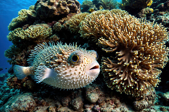 Close-up Encounter with a Spiny Pufferfish Near Vibrant Tropical Coral Reefs