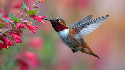 Fototapeta premium A hummingbird drinking nectar from a flower 