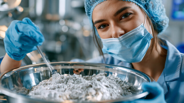 Sterile compounding technician transfers bulk active pharmaceutical ingredient powder into a dispensing isolator using an aseptic technique inside a Grade A fill-finish suite, medical manufacturing 