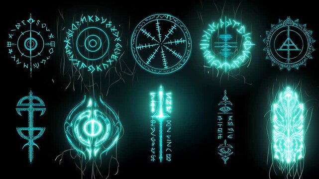 Glowing runes and symbols, A collection featuring an assortment of unique symbols and artistic designs