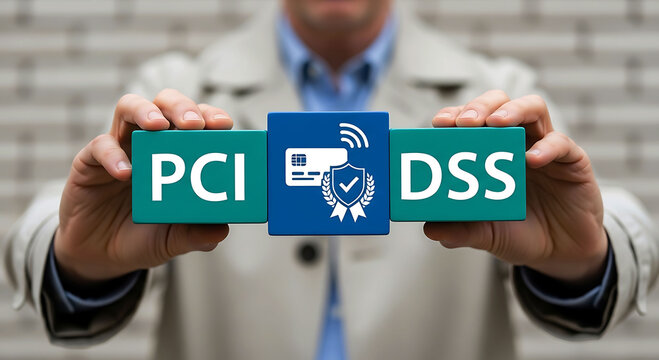 Man holding PCI DSS blocks with secure credit card certificate icon for safety
