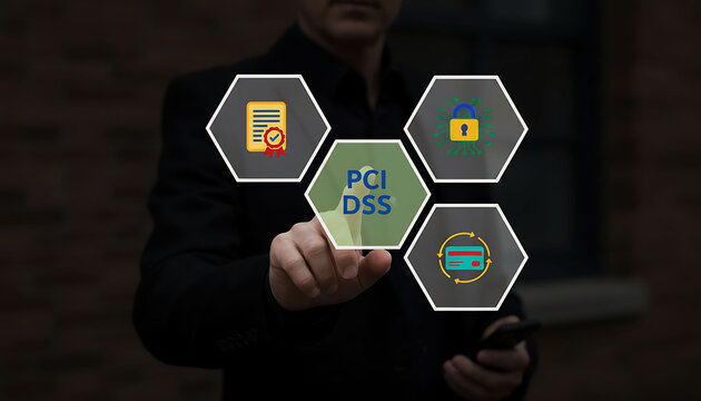 Man pressing PCI DSS compliance futuristic screen interface for data security