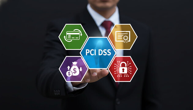Businessman pointing at PCI DSS compliance virtual screen interface for data security