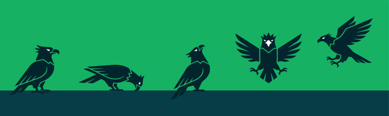 Obraz premium Stylized illustration of black birds in various poses on a green and blue background, depicting different actions and perspectives.