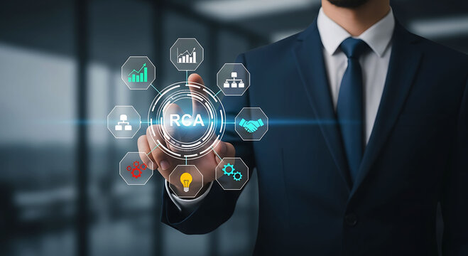 Businessman pointing at RCA root cause analysis virtual dashboard with business icons